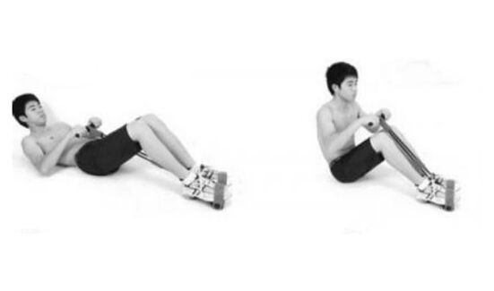 At the same time, lift the upper body at the same time and bend your legs on your knees